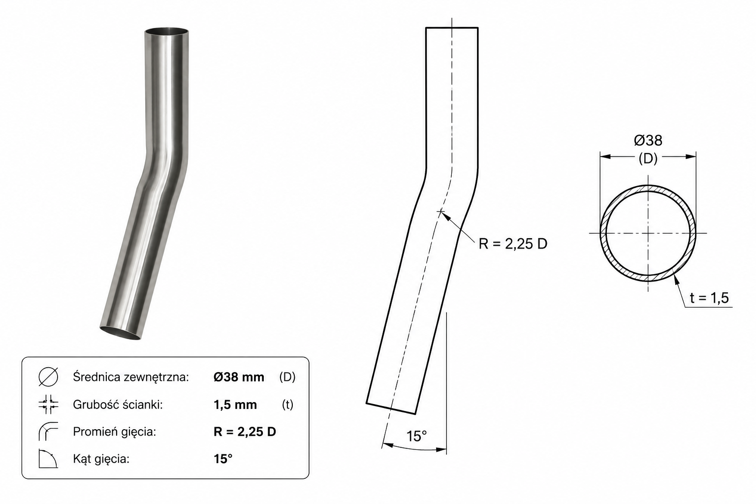 Kolano INOX ŚR.RURY 38 mm/KĄT GIĘCIA 15° Promień gięcia 2,25 D - obrazek 2